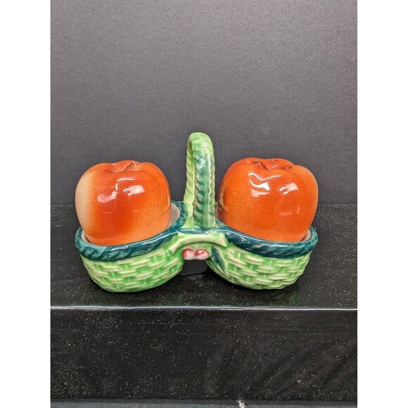 Vintage Three Piece Salt and Pepper Set Red Apples In A Green Basket - Picture 1 of 6